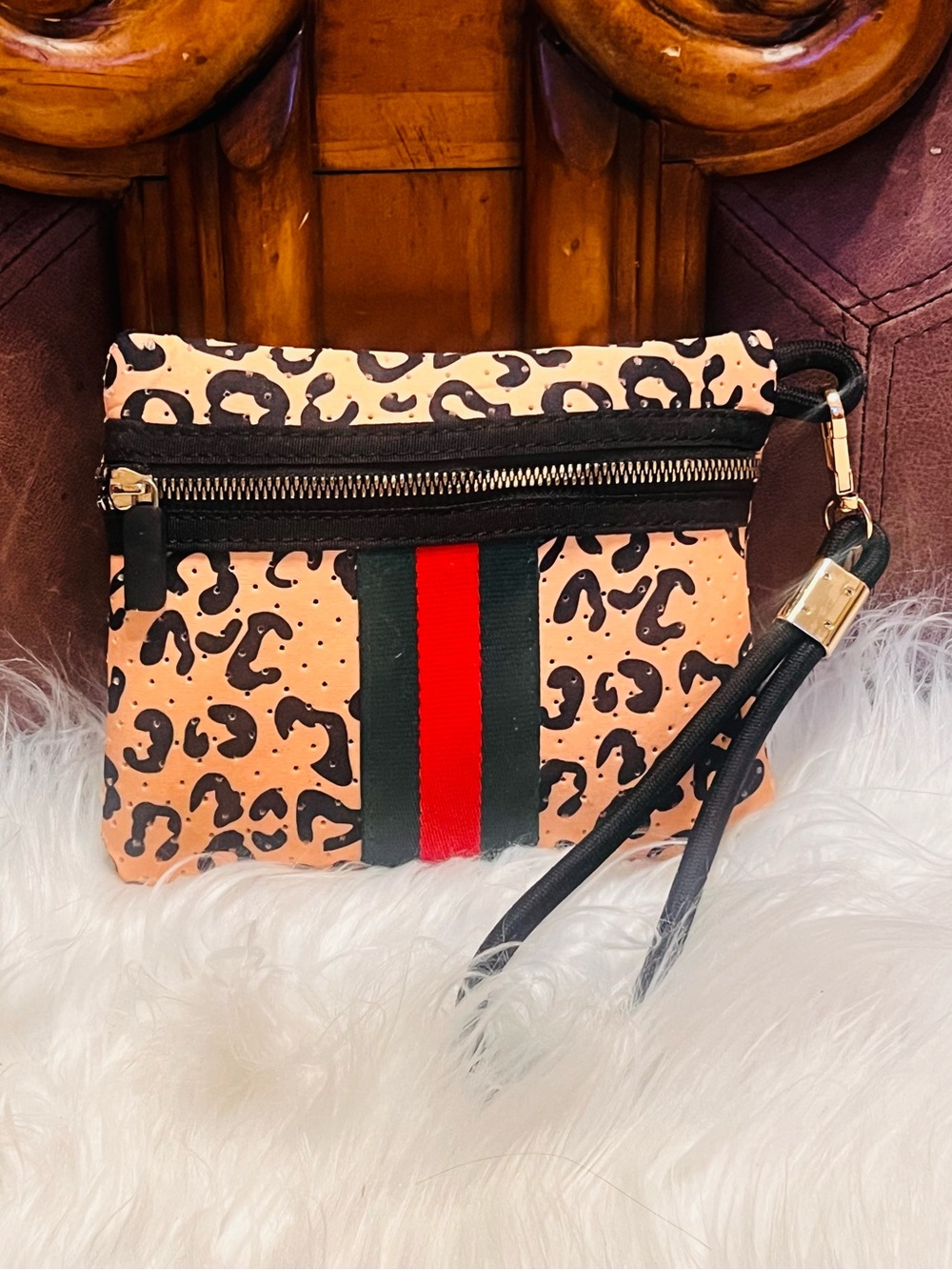 Peach Leopard Print with Red & Black Stripe wristlet